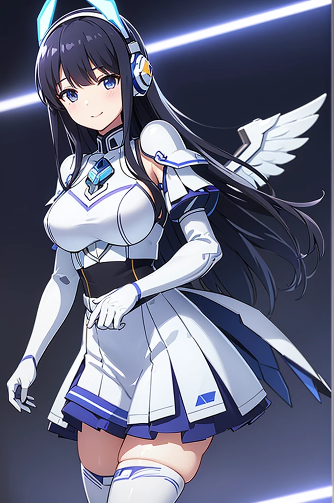 Mecha Wings、White and blue skirt、Accentuated thighs、White tights、chest、Beautiful black hair、1 girl、solo girl、Thick thighs、is、Frame Arms Girl、Alice Gere Aegis、White Armor、Blue and purple lines、income、headphone、hand on own chest、smile、idol costume、Shiba Miyuki