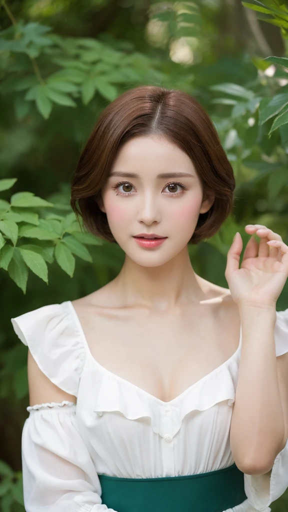 （real， High resolution：1.3）， short hair， blouse：1.2，Male body with female face、A dainty man dressed as a woman、Natural photography、Transsexual、ultra High quality、Cross-dressing men、The collarbone and hands are slightly muscular.