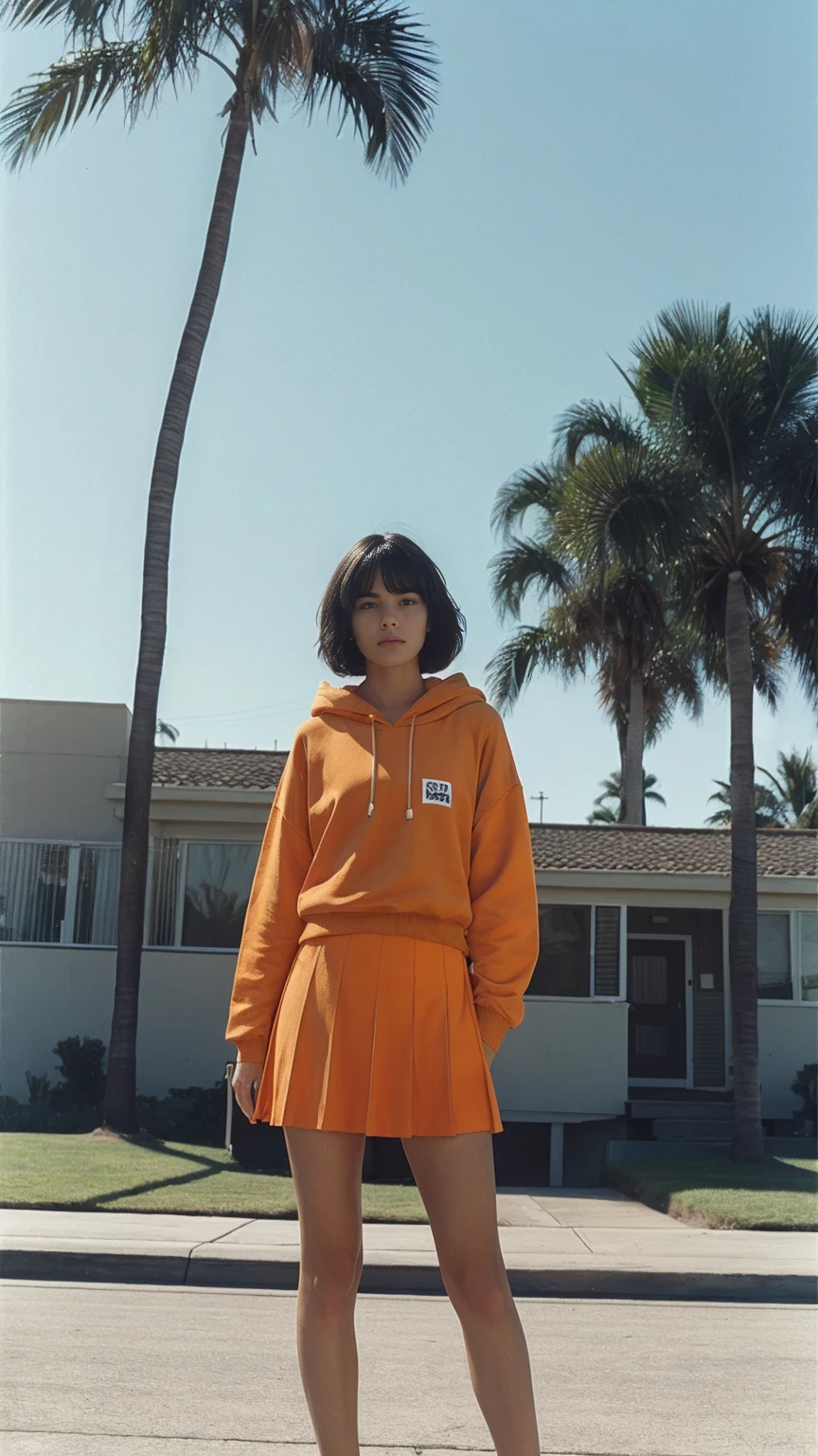long shot portrait of cute 23 yo girl ,wear ((orange color oversized_hoodie)), wear ((purple tennis skirt)),looking front,Best Quality,Masterpiece,Ultra High Resolution,(Realisticity:1.4),Original Photo, 1Girl, light leak,ultra high resolution,UHD,beautiful, (black bob hair), almond eye, no makeup, in front of (80's mondrian architecture motel), (realistic:1.2), (surreal:1.3), (very detailed:1.1), ((masterpiece)),summer, blue sky, palm trees,sunny, los angles vibes,film camera, 800mm lens,style of Philip Lorca diCorcia