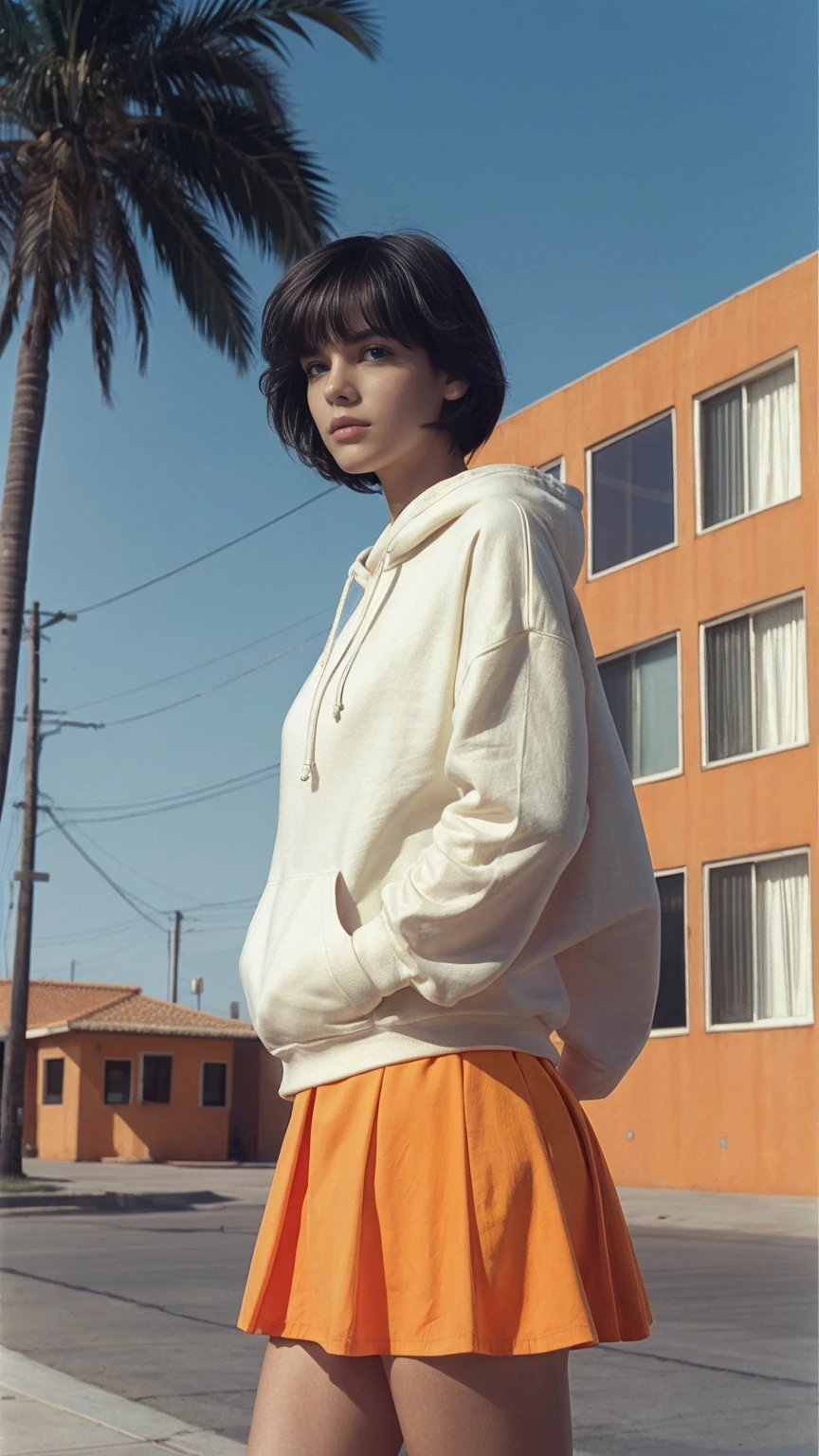 long shot portrait of cute 23 yo girl ,wear ((orange color oversized_hoodie)), wear ((purple tennis skirt)),looking front,Best Quality,Masterpiece,Ultra High Resolution,(Realisticity:1.4),Original Photo, 1Girl, light leak,ultra high resolution,UHD,beautiful, (black bob hair), almond eye, no makeup, in front of (80's mondrian architecture motel), (realistic:1.2), (surreal:1.3), (very detailed:1.1), ((masterpiece)),summer, blue sky, palm trees,sunny, los angles vibes,film camera, 800mm lens,style of Philip Lorca diCorcia