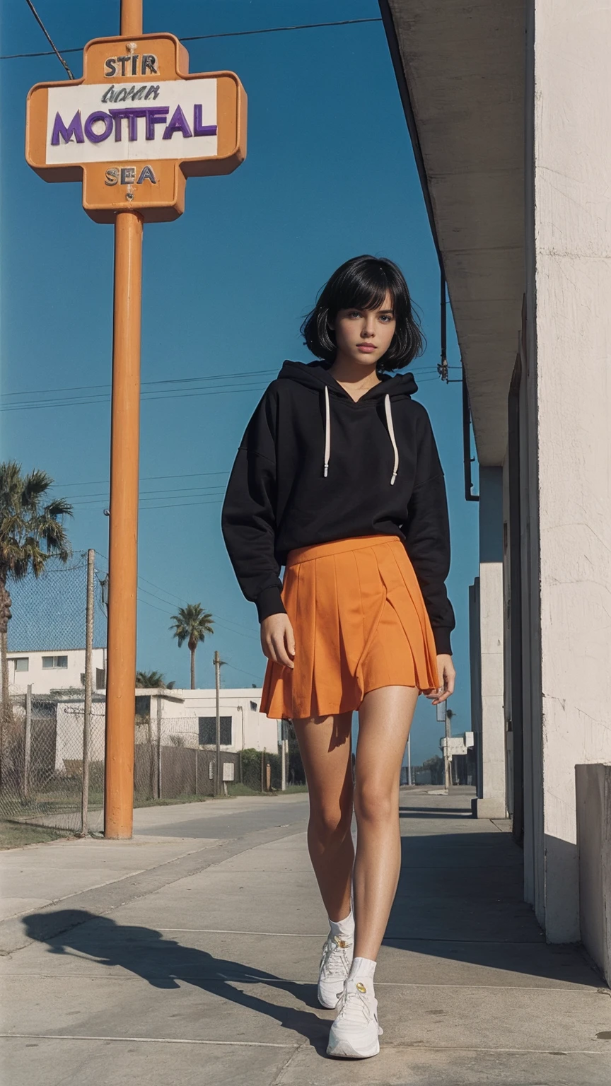 long shot portrait of cute 23 yo girl ,wear ((orange color oversized_hoodie)), wear ((purple tennis skirt)),looking front,Best Quality,Masterpiece,Ultra High Resolution,(Realisticity:1.4),Original Photo, 1Girl, light leak,ultra high resolution,UHD,beautiful, (black bob hair), almond eye, no makeup, in front of (80's mondrian architecture motel), (realistic:1.2), (surreal:1.3), (very detailed:1.1), ((masterpiece)),summer, blue sky, palm trees,sunny, los angles vibes,film camera, 800mm lens,style of Philip Lorca diCorcia