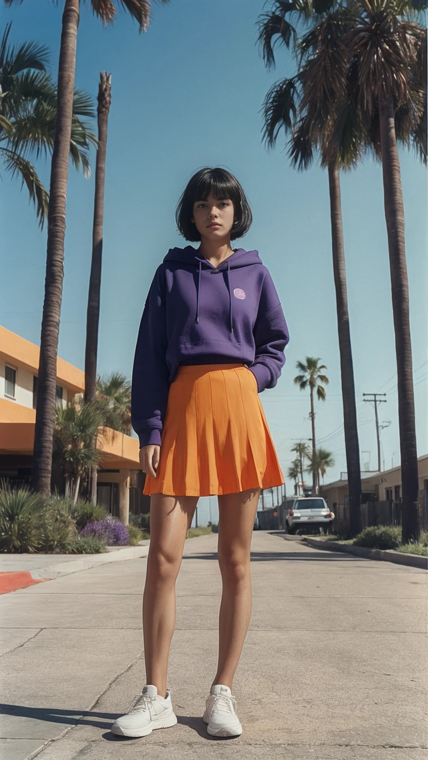 long shot portrait of cute 23 yo girl ,wear ((orange color oversized_hoodie)), wear ((purple tennis skirt)),looking front,Best Quality,Masterpiece,Ultra High Resolution,(Realisticity:1.4),Original Photo, 1Girl, light leak,ultra high resolution,UHD,beautiful, (black bob hair), almond eye, no makeup, in front of (80's mondrian architecture motel), (realistic:1.2), (surreal:1.3), (very detailed:1.1), ((masterpiece)),summer, blue sky, palm trees,sunny, los angles vibes,film camera, 800mm lens,style of Philip Lorca diCorcia