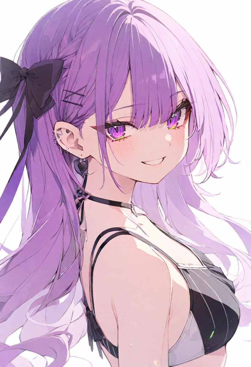 (muste piece), (best quality), very detailed eyes, expressive eyes, perfect face, very detailed face, highly detailed face, beautiful girl, 8K, beautiful girl, white background, delicate and beautiful face and eyes, dark intense shadow, 
1 girl, vtuber style, cool girl, hololive, Tokoyami Towa, purple hair, swimsuit, , cropped shoulders, clavicle, from side, looking at viewer, smile, (whole body), standing,