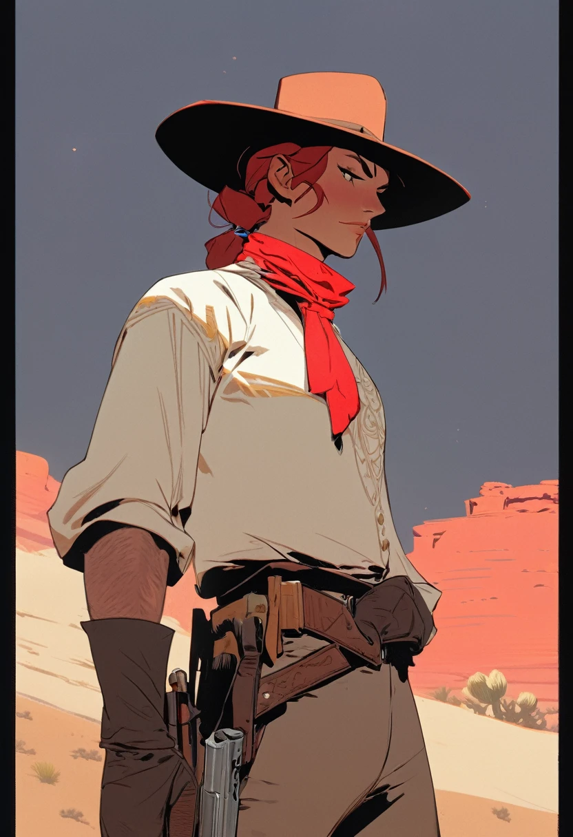 score_9, score_8_up, score_7_up, score_6_up, score_5_up, score_4_up, 1man, Western, Desert, Dark night, Horizon, far away, Wild West, red dead Redemption, cartoon art style, Red hair with two strands popping out at the front, Hair bun, Thick mustache, solo, male, Revolver, Gunslinger, cowboy hat 