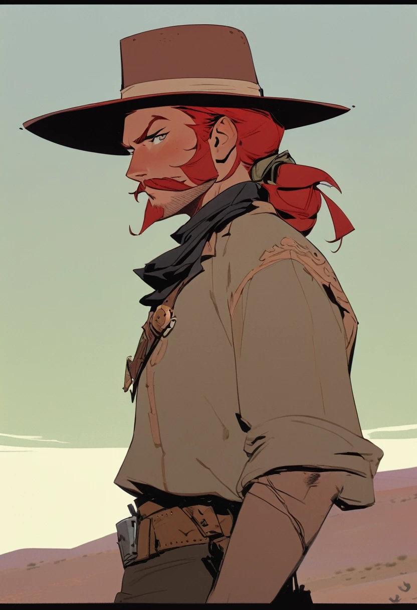 score_9, score_8_up, score_7_up, score_6_up, score_5_up, score_4_up, 1man, Western, Desert, Dark night, Horizon, far away, Wild West, red dead Redemption, cartoon art style, Red hair with two strands popping out at the front, Hair bun, Thick mustache, solo, male, Revolver, Gunslinger, cowboy hat