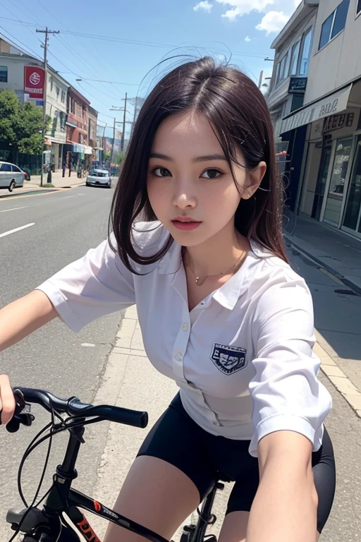 (((Best image quality、Highest quality、At 32K、Ticker、Photo 1.2、Extremely clear images、Extremely clear images quality、Photorealistic 1.3、Super Photo，Highest quality、CG Unity 32k Wallpaper, Highest quality, High resolution:1.2)))、Beautiful Japanese office lady, Age 25, White blouse，skirt, Random Color，Raw photo with both, Cute face、body、Real Light，OC Renderer，UE5 Renderer，Masterpieces，Correct Anatomy、i am very、Riding a bike 1.4、City bike, In the saddle、Pedaling, Angle 1 from below.4、Low angle 1.4, In town, There is a strong headwind