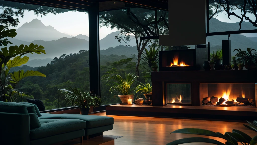 Living room with mountain and forest views, mountainous Jungle Settings, Jungle Settings, It&#39;s like a scene from Blade Runner, Magical atmosphere, Ultra-realistic dark painting, In a jungle environment, Comfortable environment, cloud forest, Beautiful Jungle, Unfriendly environment, Lush jungle, In the alien jungle, Plants and jungle, Rainforest Mountain々, Relaxing environment