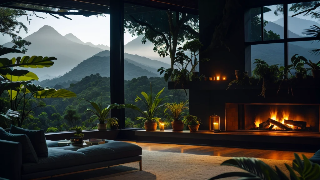 Living room with mountain and forest views, mountainous Jungle Settings, Jungle Settings, It&#39;s like a scene from Blade Runner, Magical atmosphere, Ultra-realistic dark painting, In a jungle environment, Comfortable environment, cloud forest, Beautiful Jungle, Unfriendly environment, Lush jungle, In the alien jungle, Plants and jungle, Rainforest Mountain々, Relaxing environment