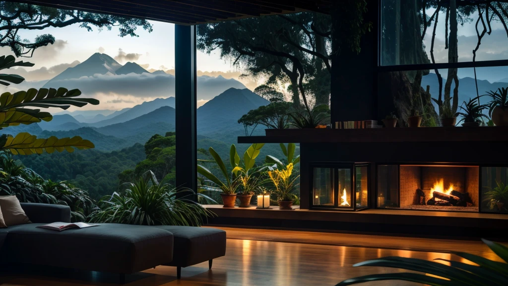 Living room with mountain and forest views, mountainous Jungle Settings, Jungle Settings, It's like a scene from Blade Runner, Magical atmosphere, Ultra-realistic dark painting, In a jungle environment, Comfortable environment, cloud forest, Beautiful Jungle, Unfriendly environment, Lush jungle, In the alien jungle, Plants and jungle, Rainforest Mountain々, Relaxing environment