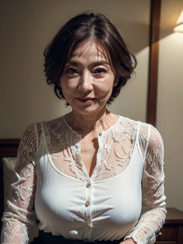 masuter piece, top-quality, masterpiece, hight resolution, Photorealsitic, Raw photography, 8k wallpaper, flawless, profetional lighting, ighly detailed, depth of fields,Pale solid color background, Anatomical, ((One beautiful woman)), ((70yo)), chubby figure,Female sexy, Wrinkles on the face, Detailed face, beautidful eyes, bangss, large full breasts, straight haired, ((Stand facing forward and look at the viewer with a serious face)),White bra, White panty, Perspective from the ground, Feet out of frame