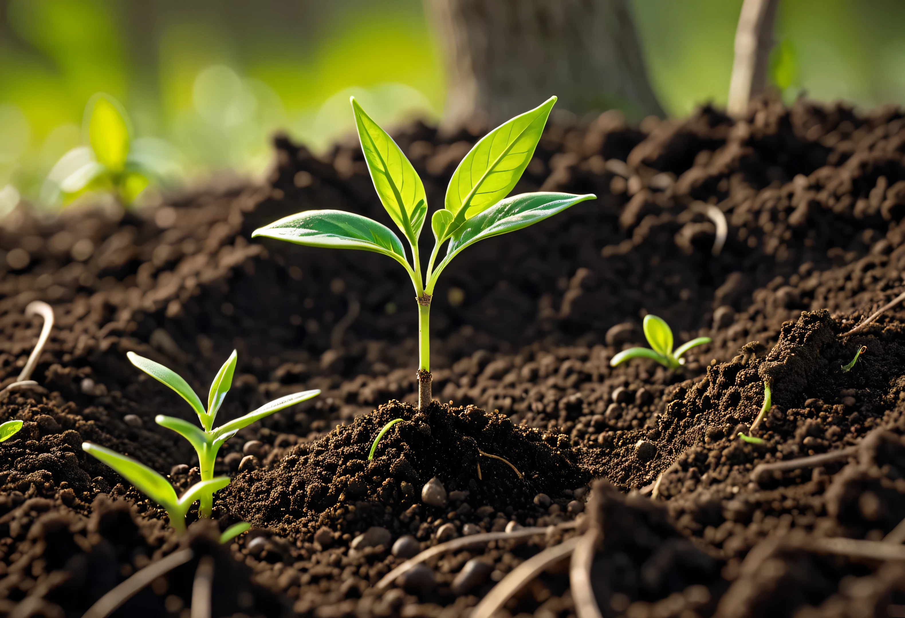 Generate a highly detailed and vibrant close-up photo of a tree seedling emerging from the soil, symbolizing new growth and renewal for Earth Day. The scene should capture the delicate, bright green leaves of the seedling as they unfurl from the stem, with fine details visible on the leaves and stem. The rich, dark soil should appear moist and textured, with small particles and organic matter clearly visible. Soft, natural lighting should create a gentle glow, highlighting the freshness and vitality of the young plant. The background should be softly blurred to keep the focus on the seedling, evoking a sense of hope and connection to nature. This photo should be visually captivating and convey the essence of Earth Day and the importance of nurturing our planet.