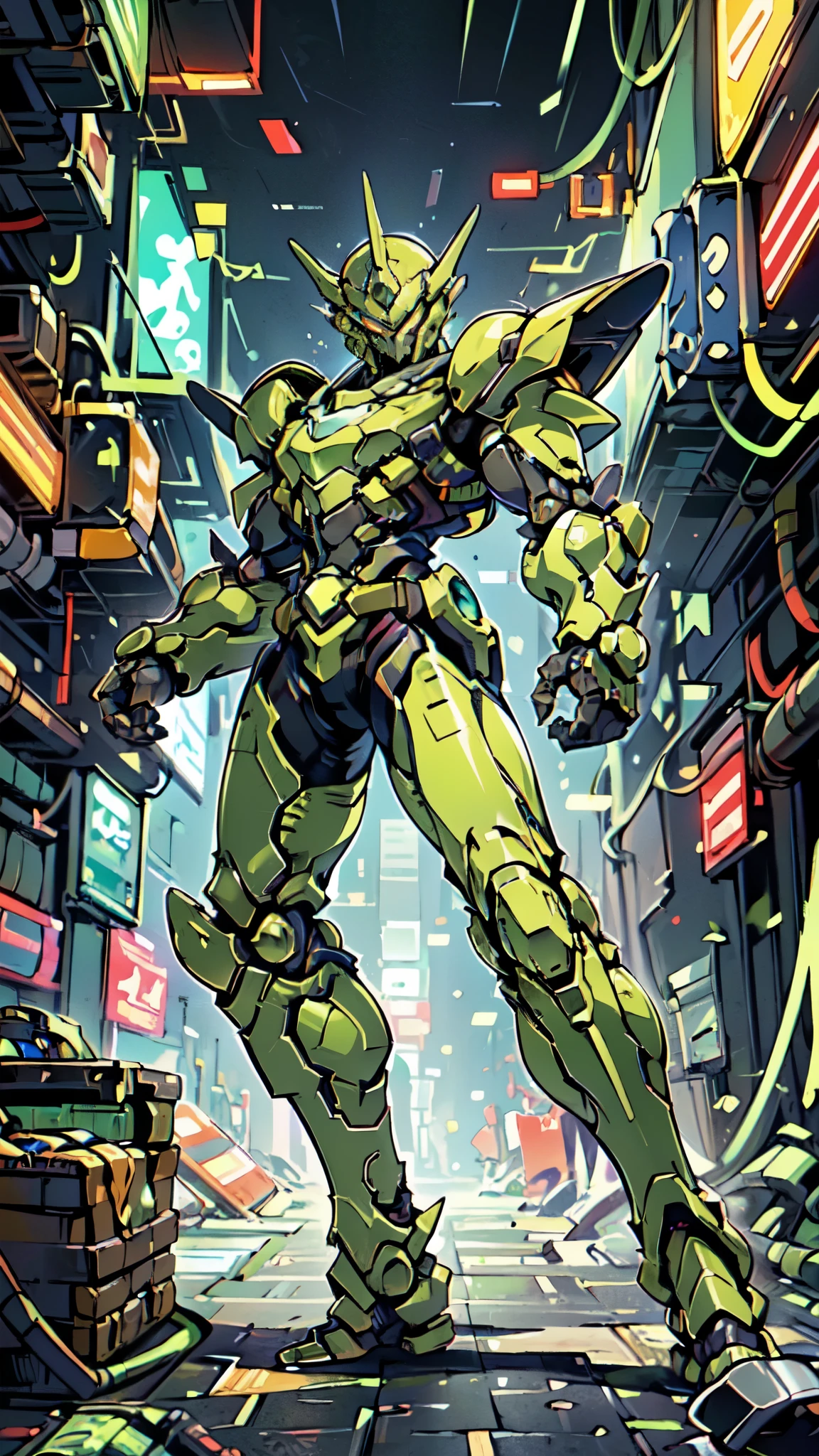 (masterpiece:1.5, best quality:1.5, extremely delicate:1.5, foreshortening:1.5, dynamic angle:1.5), a man wearing a full-face helmet, a fantasy-style biotech armored combat suit, green eyes, (a composite layered chest armor), fully enclosed shoulder guards, matching arm and leg guards, the belt is adorned with neon circuitry, (the color scheme is primarily black glow with green and red accents), the design balances heavy with agility, a high-tech bio-mecha armor, (Armor Concept Inspired by neon Cyberpunk, stand on the top of a skyscraper in a futuristic sci-fi city), this character embodies a finely crafted fantasy-surreal style armored hero in anime style, exquisite and mature manga art style, (element, plasma, energy, the armor glows), ((male:1.5)), metallic, high definition, highres, ultra-detailed, ultra-fine painting, professional, perfect body proportions, golden ratio, anatomically correct, symmetrical face, extremely detailed eyes and face, high quality eyes, creativity, RAW photo, UHD, 32k, Natural light, cinematic lighting, masterpiece-anatomy-perfect