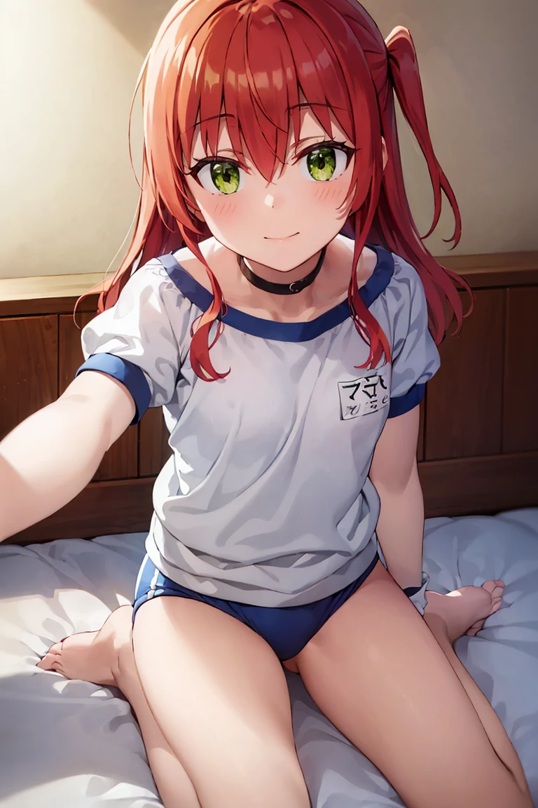 room, 1 Girl, Highest quality, Ultra-high resolution, Long Hair, Redhead, Green Eyes,Looking at the audience, Small breasts , smile, Open your mouth、Cowboy Shot、(Navy blue cuffs and white short-sleeved gym uniform)、(Navy Blue Bloomers)、(
barefoot)、Navy blue socks、(((Lie down in bed)))
