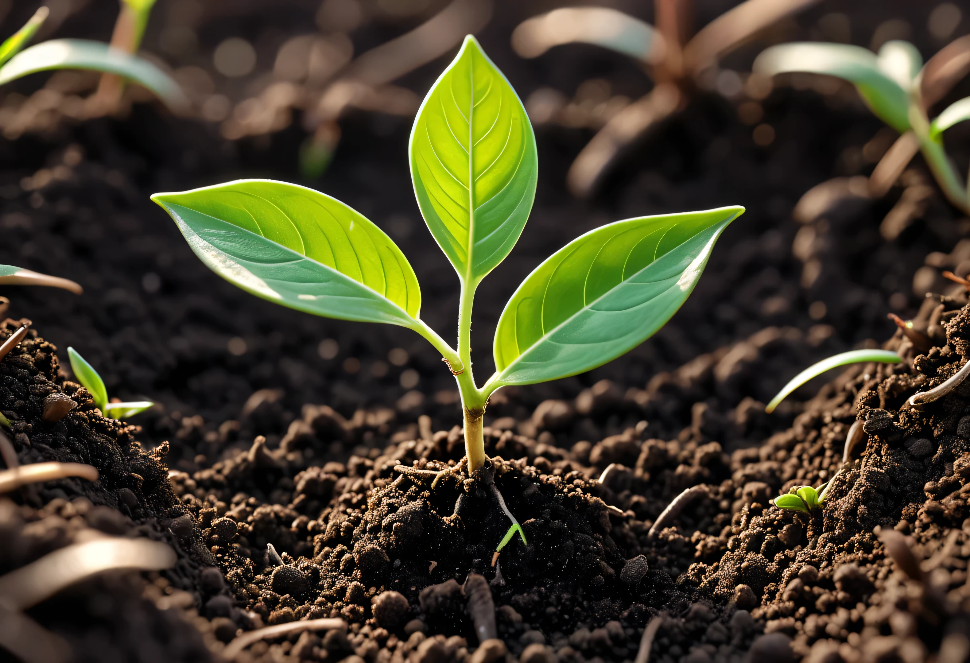 Generate a highly detailed and vibrant close-up photo of a tree seedling emerging from the soil, symbolizing new growth and renewal for Earth Day. The scene should capture the delicate, bright green leaves of the seedling as they unfurl from the stem, with fine details visible on the leaves and stem. The rich, dark soil should appear moist and textured, with small particles and organic matter clearly visible. Soft, natural lighting should create a gentle glow, highlighting the freshness and vitality of the young plant. The background should be softly blurred to keep the focus on the seedling, evoking a sense of hope and connection to nature. This photo should be visually captivating and convey the essence of Earth Day and the importance of nurturing our planet.