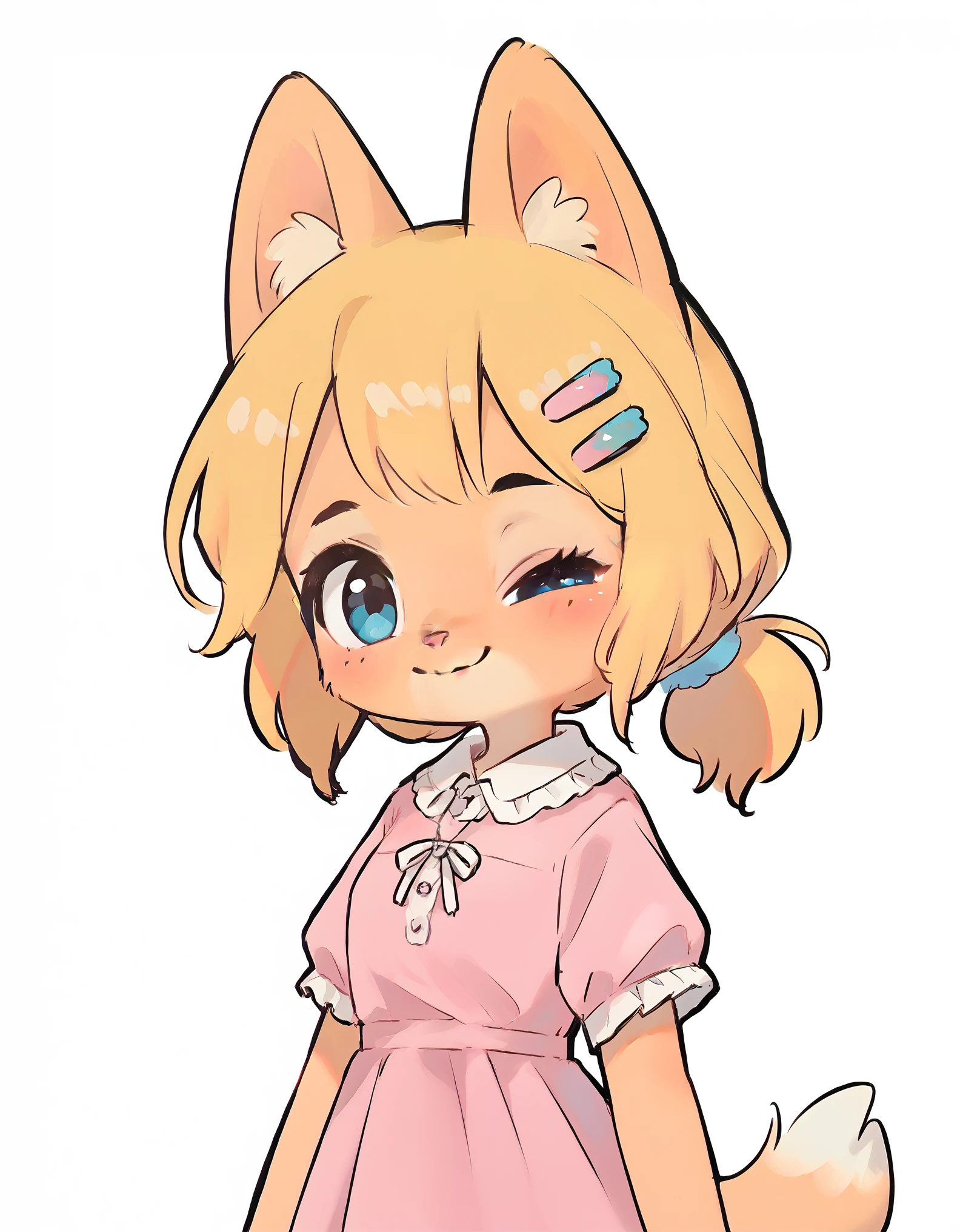 little fox, kid girlfox, yellow hair, ginger fur, blue eyes, cute kid, alone, face similar to Diane Foxington, kid , tied hair, pink dress, hair clips, sending, 1 eye closed