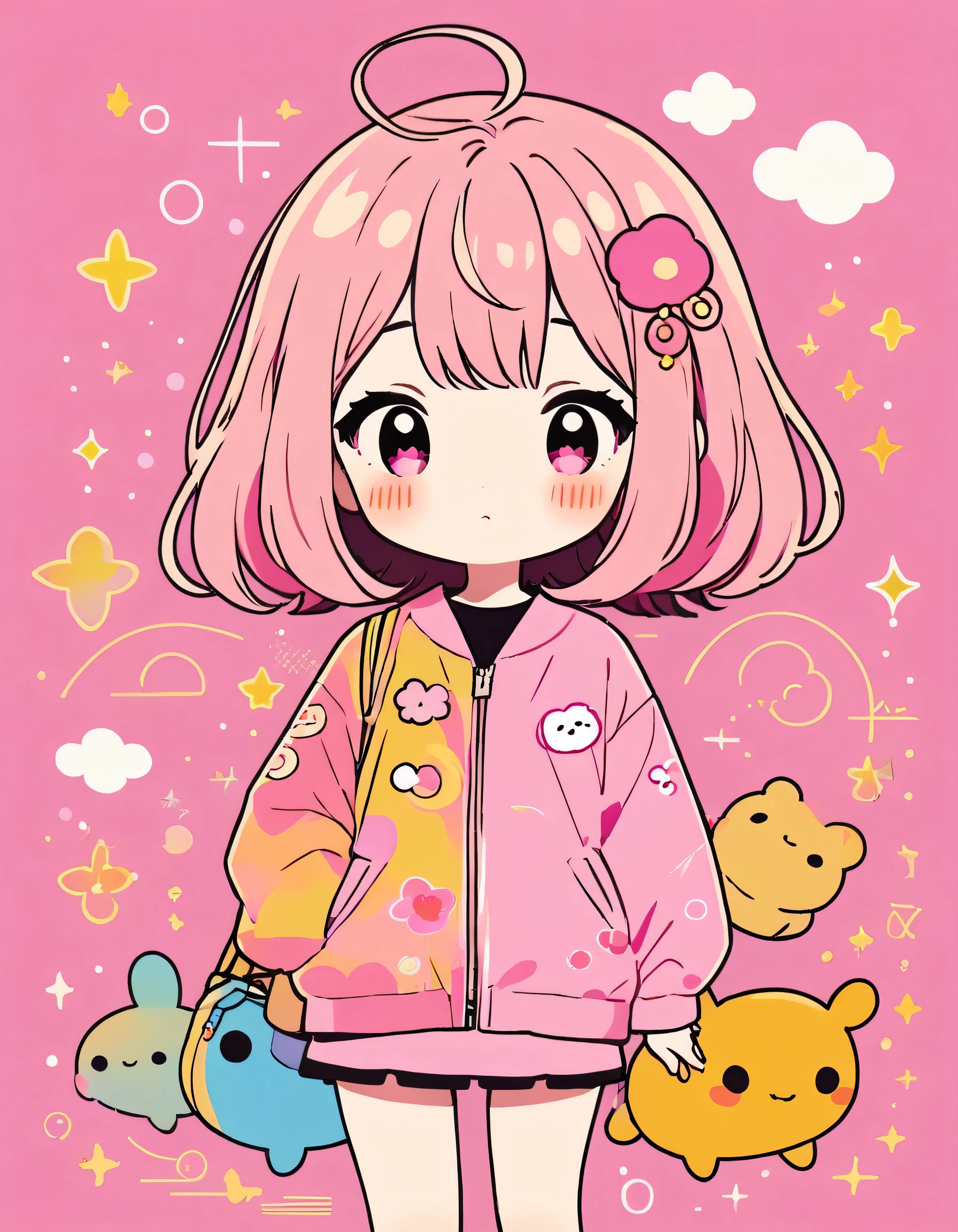 Sakura Momoko style, Gold and Pink style, Simple Line Initialism,Abstract art,Kawaii Design, The most beautiful girl of all time、chibi, Cute and colorful pillbugs, The background is a glittering rainbow color