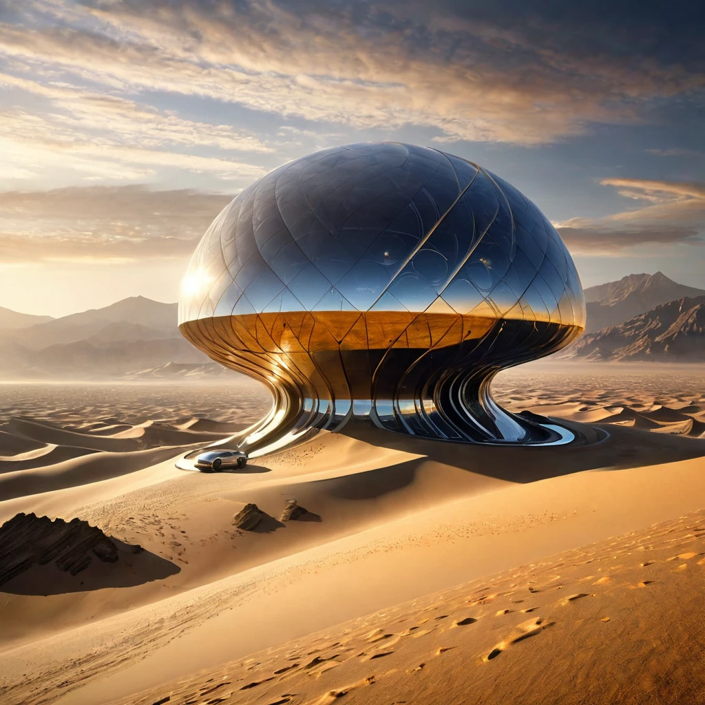 best quality, masterpiece, Ultra-high resolution, (lifelike:1.4), original photo,dune，Sci-fi scene，Architecture in the desert、Mountain Integration