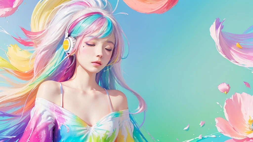 （Pink Fashion T-shirt：1.9），(Colorful hair: 1.8), (all the colours of the rainbow: 1.8),(((((vertical painting：1.6))), （painting：1.6），front, comics, illustrations, paintings, large eyes, crystal clear eyes,（ rainbow color gradient high ponytail：1.7）, exquisite makeup, closed mouth,(Small Fresh: 1.5),(Wipe Chest: 1.6) ，long eyelashes, white off shoulder T-shirt,  White Shoulder Shirt，looking at the audience, large watery eyes, (rainbow colored hair：1.6), color splash, （solo：1.8）, color splash, color explosion, thick paint style, messy lines, ((shining))，(colorful), (colorful), (colorful), colorful, Thick Paint Style, (Splash) (Color Splash), Vertical Painting, Upper Body, Paint Splash, Acrylic Pigment, Gradient, Paint, Highest Image Quality, Highest Quality, Masterpiece, Solo, Depth of Field, Face Paint,  colorful clothes, (Elegant: 1.2), gorgeous,long hair, wind, (Elegant: 1.3), (Petals: 1.4)，(((masterpiece))),(((best quality))),((ultra-detailed)),(illustration),(dynamic angle),((floating)),(paint),((disheveled hair)),(solo),(1girl) , (((detailed anima face))),((beautiful detailed face)),collar,bare shoulders,white hair, ((colorful hair)),((streaked hair)),beautiful detailed eyes,(Gradient color eyes),(((colorful eyes))),(((colorful background))),(((high saturation))),(((surrounded by colorful splashes))),all bodies, same colored back  grounds, Make the background bigger than the face, Mainly in the background, the face is small, I want the person to be on the right or left, Closed eyes while listening to music, wearing big headphones, Musical notes and music marks on the background, wearing bigsize headphones 