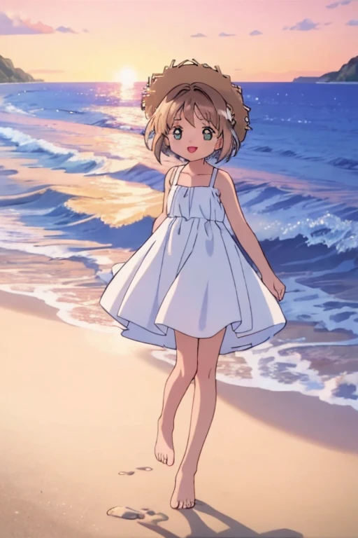 High resolution backgrounds,Beautiful background,anime, cute,Beach at dusk,Sunset over the sea,9--old l,White summer dress with straps,Chestnut Hair,Short Bob Hair,barefoot,Happy expression,White straw hat,Lens flare,The hem of a skirt being blown up by the wind