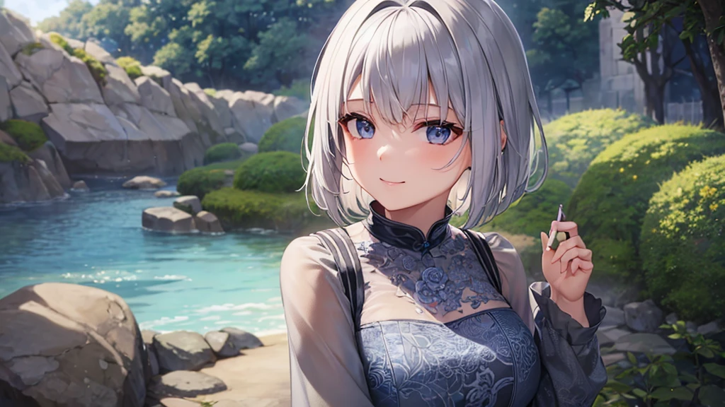 Ultra HD,Look at the viewers, Put your hands behind your back, With a girl, 20-year-old, 非常にShort Hair, Long bangs between the eyes, Pale blue eyes,  Very detailed,(masterpiece、Highest quality),Gray Hair、Laughter、Fantastic, Silver Hair, Iris,  Short hair、 Fluttering Hair、Small Face、明るいsmile、(Detailed face) ,Professional Lighting,Wonderful landscape,blue sky, sunlight,Looking down from above,Portraiture、Open your mouth、Flower Field、Her eyes were shining、Mysterious and enchanting atmosphere。With AI Painting、とてもShort Hair, Long bangs between the eyes, Very detailed,(masterpiece、Highest quality)、alone、Gray Hair、Fantasy, Silver Hair, Fantasyな風景、smile、Open your mouth、short hair、Short Hair、hairpin、black eye、Grey Eyes、Beautiful Eyes、