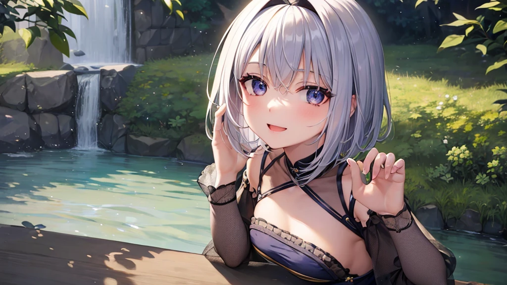 Ultra HD,Look at the viewers, Put your hands behind your back, With a girl, 20-year-old, 非常にShort Hair, Long bangs between the eyes, Pale blue eyes, Very detailed,(masterpiece、Highest quality),Gray Hair、Laughter、Fantastic, Silver Hair, Iris, Short hair、 Fluttering Hair、Small Face、明るいsmile、(Detailed face) ,Professional Lighting,Wonderful landscape,blue sky, sunlight,Looking down from above,Portraiture、Open your mouth、Flower Field、Her eyes were shining、Mysterious and enchanting atmosphere。With AI Painting、とてもShort Hair, Long bangs between the eyes, Very detailed,(masterpiece、Highest quality)、alone、Gray Hair、Fantasy, Silver Hair, Fantasyな風景、smile、Open your mouth、short hair、Short Hair、hairpin、black eye、Grey Eyes、Beautiful Eyes、