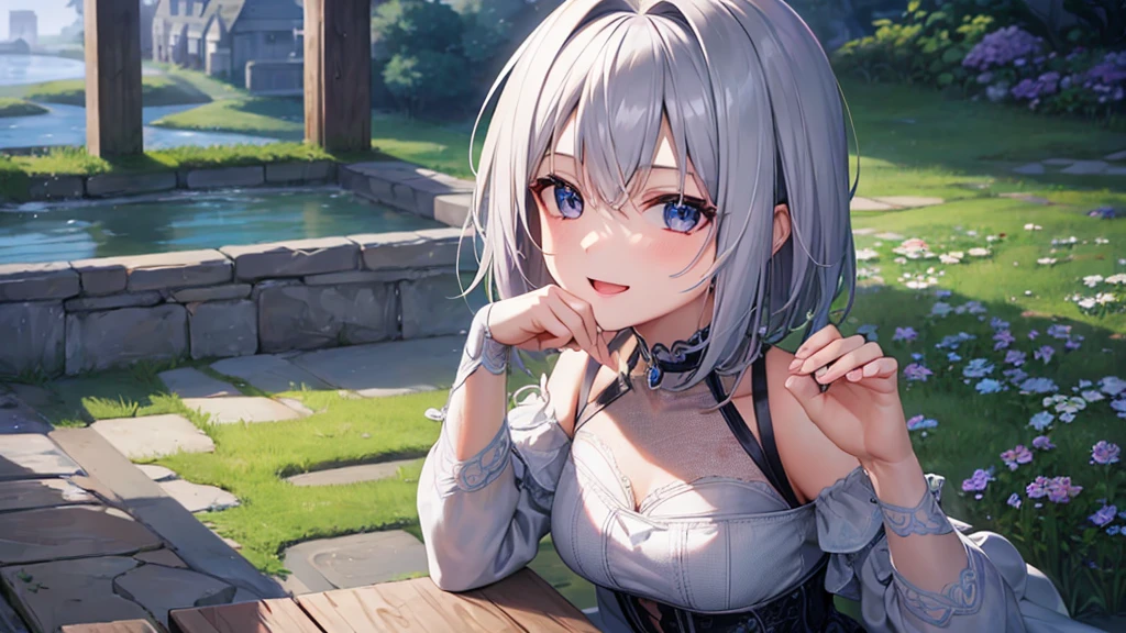 Ultra HD,Look at the viewers, Put your hands behind your back, With a girl, 20-year-old, 非常にShort Hair, Long bangs between the eyes, Pale blue eyes, Very detailed,(masterpiece、Highest quality),Gray Hair、Laughter、Fantastic, Silver Hair, Iris, Short hair、 Fluttering Hair、Small Face、明るいsmile、(Detailed face) ,Professional Lighting,Wonderful landscape,blue sky, sunlight,Looking down from above,Portraiture、Open your mouth、Flower Field、Her eyes were shining、Mysterious and enchanting atmosphere。With AI Painting、とてもShort Hair, Long bangs between the eyes, Very detailed,(masterpiece、Highest quality)、alone、Gray Hair、Fantasy, Silver Hair, Fantasyな風景、smile、Open your mouth、short hair、Short Hair、hairpin、black eye、Grey Eyes、Beautiful Eyes、