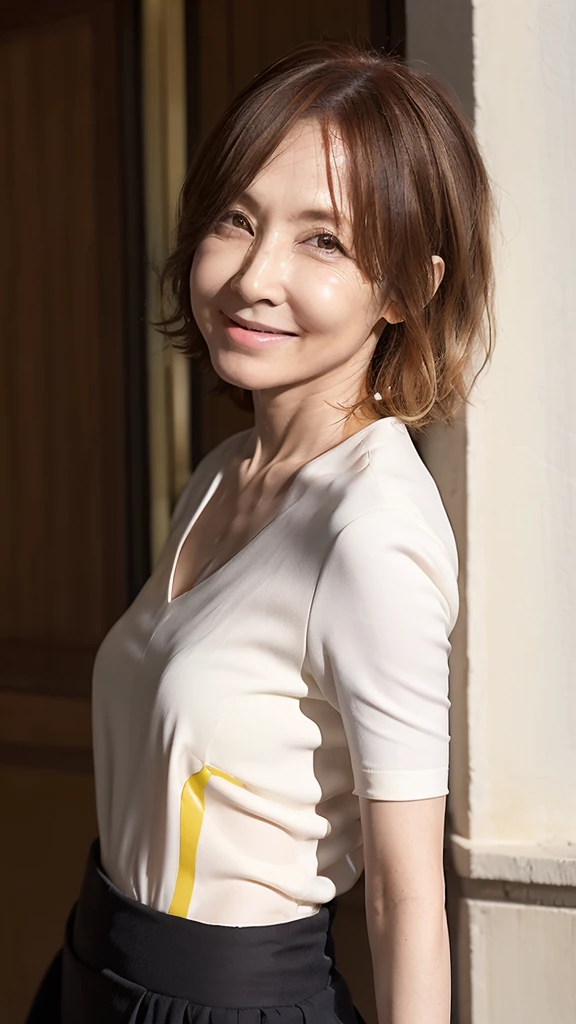 ((Highest quality)), ((8K)), ((masterpiece:1.3)), (Perfect look), (Photorealism:1.6), (JMA), (KE), (One Japanese Mature), (Back view), (振り返るJapanese women), (Outdoors in strong sunlight), Japanese women, 60 years old, ((Realistic skin texture)), (Fine wrinkles appear all over the skin: 1.3), (Dullness: 1.1), (Unmoisturized skin: 1.2) , (Facial wrinkles: 0.9), (Wrinkles around the eyes: 1.2), double eyelid, Lower eyelid tear trough, The eyes are looking here, (Dimples: 1.2), BREAK(Red lips),BREAK (Short bangs, short hair), (Blonde Hair), (Smooth Hair), Lips open, Open mouth and smiling with the corners of the mouth turned up, (Soft fabric blouse), BREAK(Yellow blouse),BREAK ロングスカート, Irregular hem skirt, pumps, Small breasts, Small breasts, Flat Chest, (Slimming), (whole body),