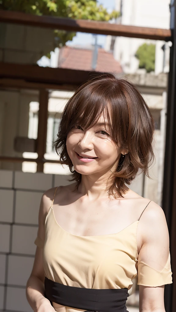 ((Highest quality)), ((8K)), ((masterpiece:1.3)), (Perfect look), (Photorealism:1.6), (JMA), (KE), (One Japanese Mature), (Back view), (振り返るJapanese women), (Outdoors in strong sunlight), Japanese women, 60 years old, ((Realistic skin texture)), (Fine wrinkles appear all over the skin: 1.3), (Dullness: 1.1), (Unmoisturized skin: 1.2) , (Facial wrinkles: 0.9), (Wrinkles around the eyes: 1.2), double eyelid, Lower eyelid tear trough, The eyes are looking here, (Dimples: 1.2), BREAK(Red lips),BREAK (Short bangs, short hair), (Blonde Hair), (Smooth Hair), Lips open, Open mouth and smiling with the corners of the mouth turned up, (Soft fabric blouse), BREAK(Yellow blouse),BREAK ロングスカート, Irregular hem skirt, pumps, Small breasts, Small breasts, Flat Chest, (Slimming), (whole body),