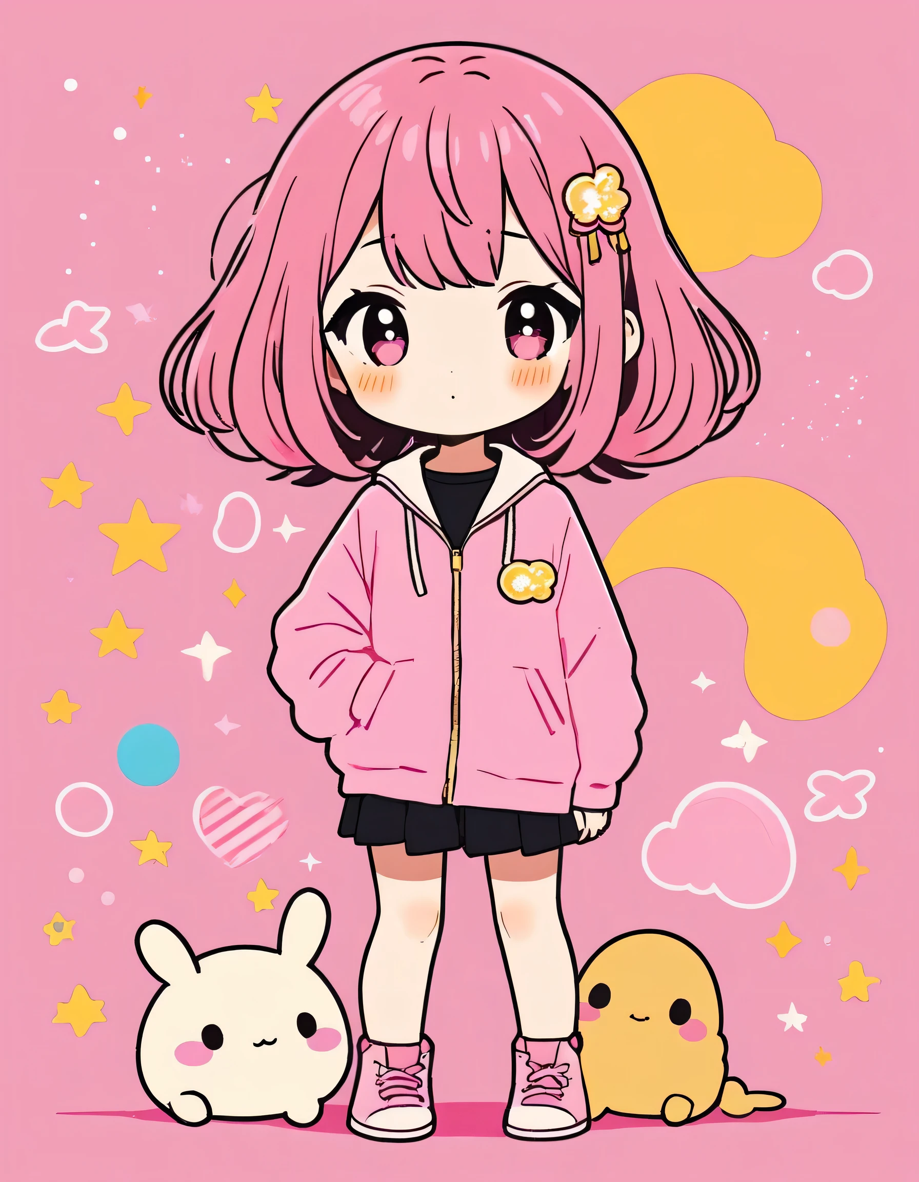 Sakura Momoko style, Gold and Pink style, Simple Line Initialism,Abstract art,Kawaii Design, The most beautiful girl of all time、chibi, Cute and colorful pillbugs, The background is a glittering rainbow color