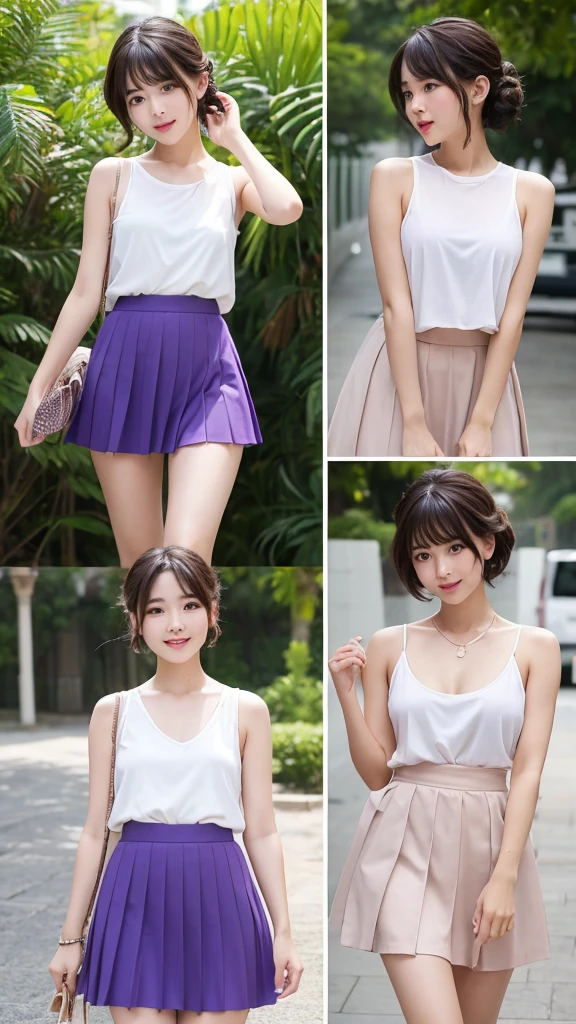 ((Highest quality)), ((masterpiece)), (become close), Perfect Face, , Realistic, photo Realistic, Highly detailed face、Tropical Asia、Plain-looking amateur girl,、Random body types from slim to plump、 18 ～ Random age up to 35, (Skirt flip), ((Skirt flip by myself))、Purple lace panties , Panty Focus, blush:2.0,Mouth half open、 Part your lips, Embarrassed look、Looking at the audience  , Full Body Shot , White tank top,  ,Random hairstyles for short hair and updos、Outdoor、Sweaty、Wet Skin、Camel&#39;feet、Thigh Gap、Wet crotch