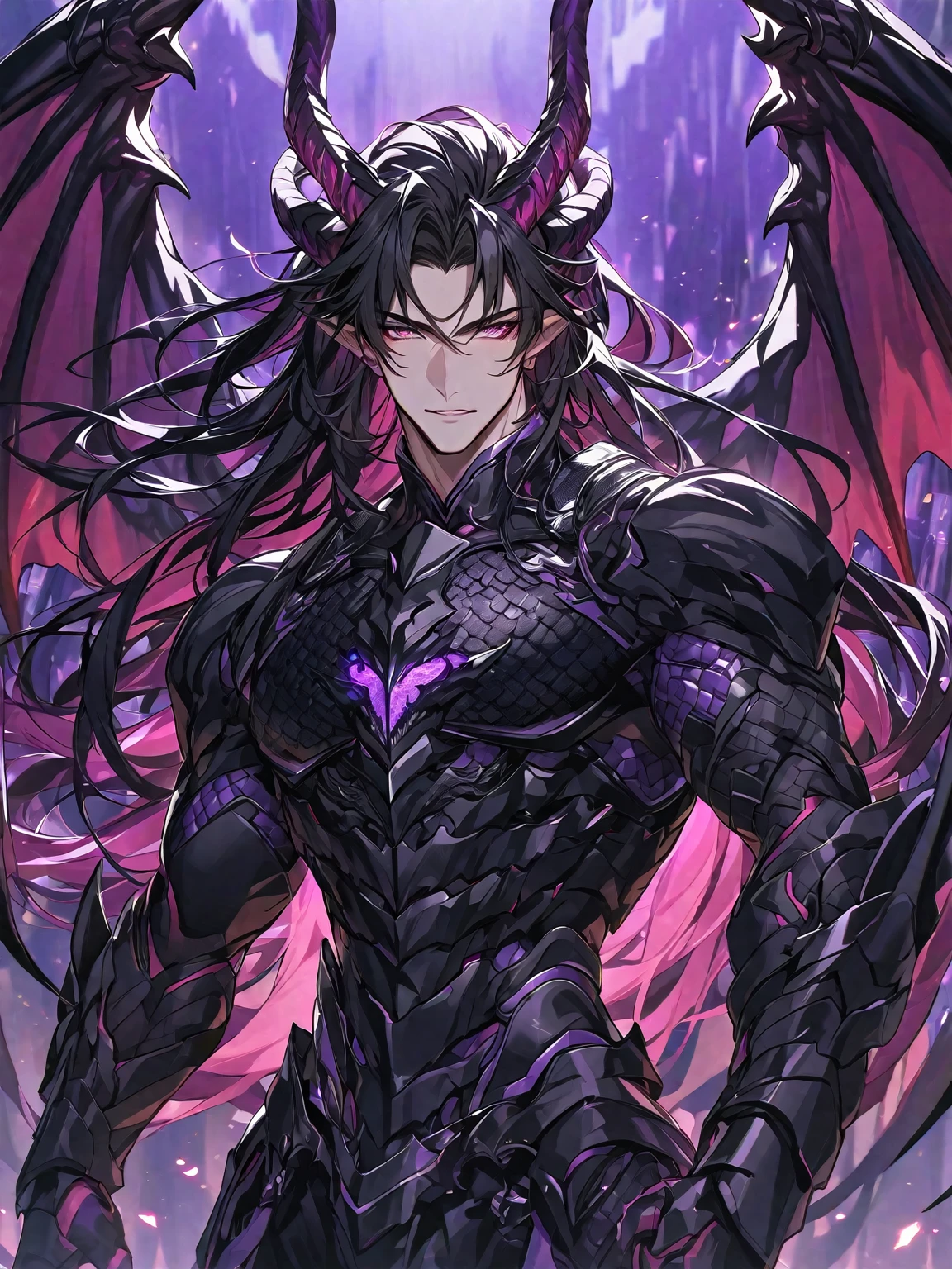 One, handsome, 1 man, with a sporty body, V-shaped body, black detailed armour with glowing purple details, black dragon horns, black dragon wings long hair, black hair, purple with red reptile eye tones, purple threads, black light