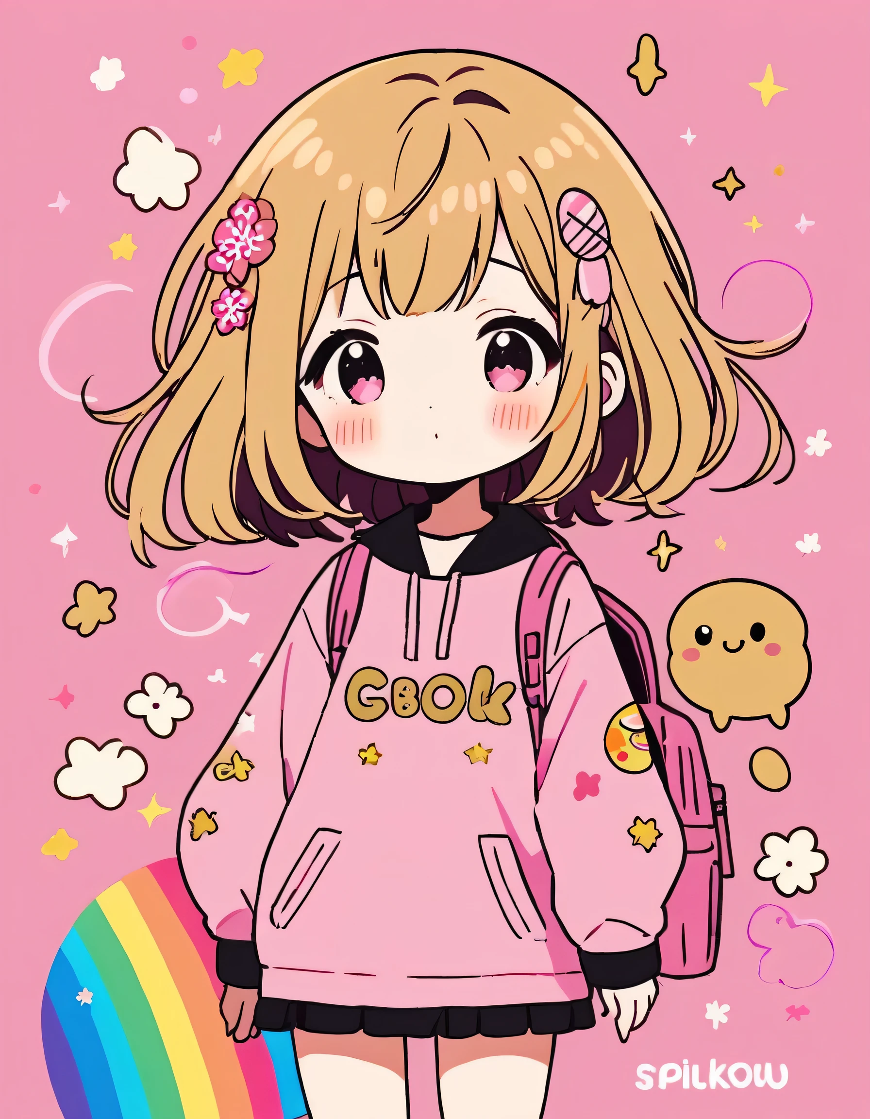 Sakura Momoko style, Gold and Pink style, Simple Line Initialism，Abstract art，Kawaii Design, The most beautiful girl of all time、chibi, Cute and colorful pillbugs, The background is a glittering rainbow color