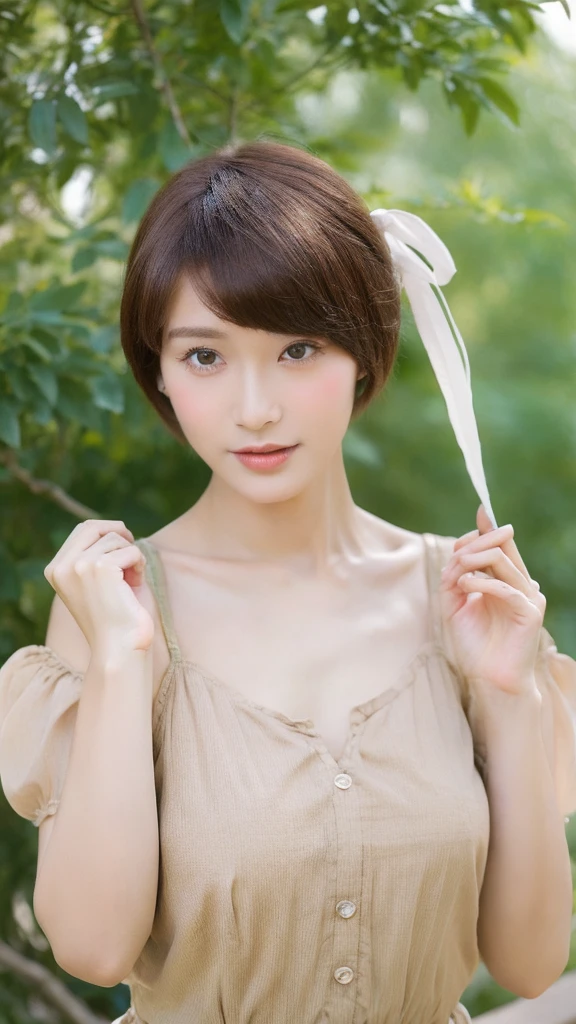 （real， High resolution：1.3）， short hair， blouse：1.2，Male body with female face、A dainty man dressed as a woman、Natural photography、Transsexual、ultra High quality、Cross-dressing men、The collarbone and hands are slightly muscular.