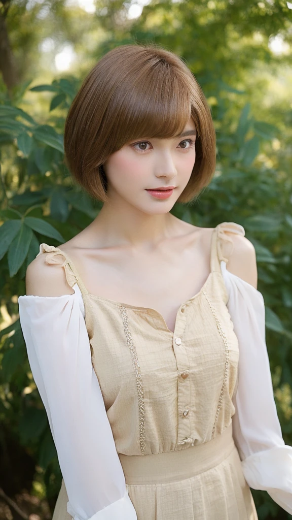 (real, High resolution:1.3), short hair, blouse:1.2,Male body with female face、A dainty man dressed as a woman、Natural photography、Transsexual、ultra High quality、Cross-dressing men、The collarbone and hands are slightly muscular.
