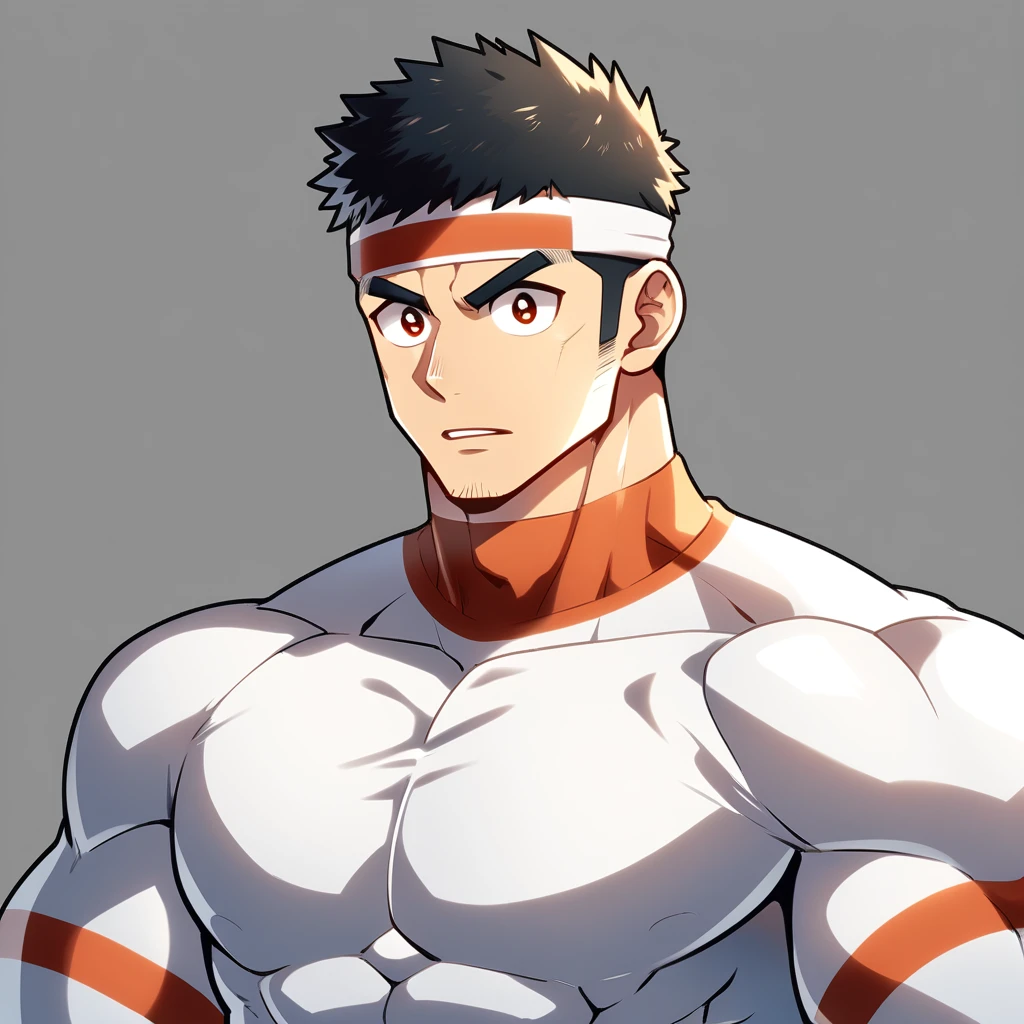 anime characters：Gyee, Muscle Sports Student, Manliness, sports headband, male focus, Cute boy with big eyes, Mike WHite high collar long sleeve tight T-shirt, Slightly transparent material, Very tight, Round, full and perky chest muscles, Slightly transparent, muscular male, muscular, only, Upper body, alone, Black short hair, Thick eyebrows, stubble, Cute little eyes, Brown-red pupils, Grey background, simple background, amazing quality, best aesthetics, Ridiculous, crew cut, parted lips, v-shaped eyebrows, jitome, best quality