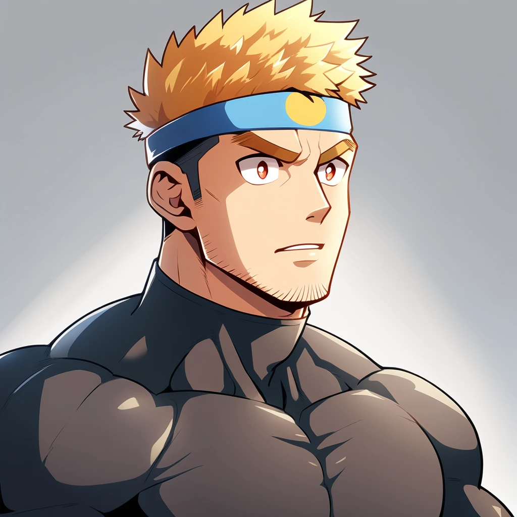 anime characters：Gyee, Muscle Sports Student, Manliness, sports headband, male focus, Cute boy with big eyes, Mike WHite high collar long sleeve tight T-shirt, Slightly transparent material, Very tight, Round, full and perky chest muscles, Slightly transparent, muscular male, muscular, only, Upper body, alone, Black short hair, Thick eyebrows, stubble, Cute little eyes, Brown-red pupils, Grey background, simple background, amazing quality, best aesthetics, Ridiculous, crew cut, parted lips, v-shaped eyebrows, jitome, best quality