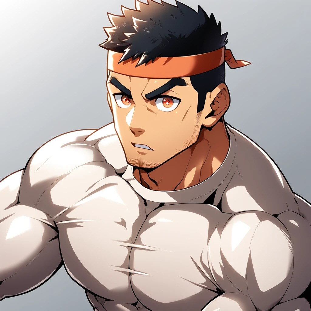 anime characters:Gyee, Muscle Sports Student, Manliness, sports headband, male focus, Cute boy with big eyes, Mike WHite high collar long sleeve tight T-shirt, Slightly transparent material, Very tight, Round, full and perky chest muscles, Slightly transparent, muscular male, muscular, only, Upper body, alone, Black short hair, Thick eyebrows, stubble, Cute little eyes, Brown-red pupils, Grey background, simple background, amazing quality, best aesthetics, Ridiculous, crew cut, parted lips, v-shaped eyebrows, jitome, best quality