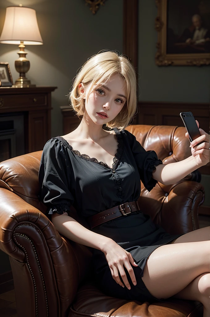 portrait of a 48-year-old blonde French woman from 1940, period dress, genuine leather, sitting takes a selfie like a smartphone, (living room with period furniture, moody soft light: 1.2)