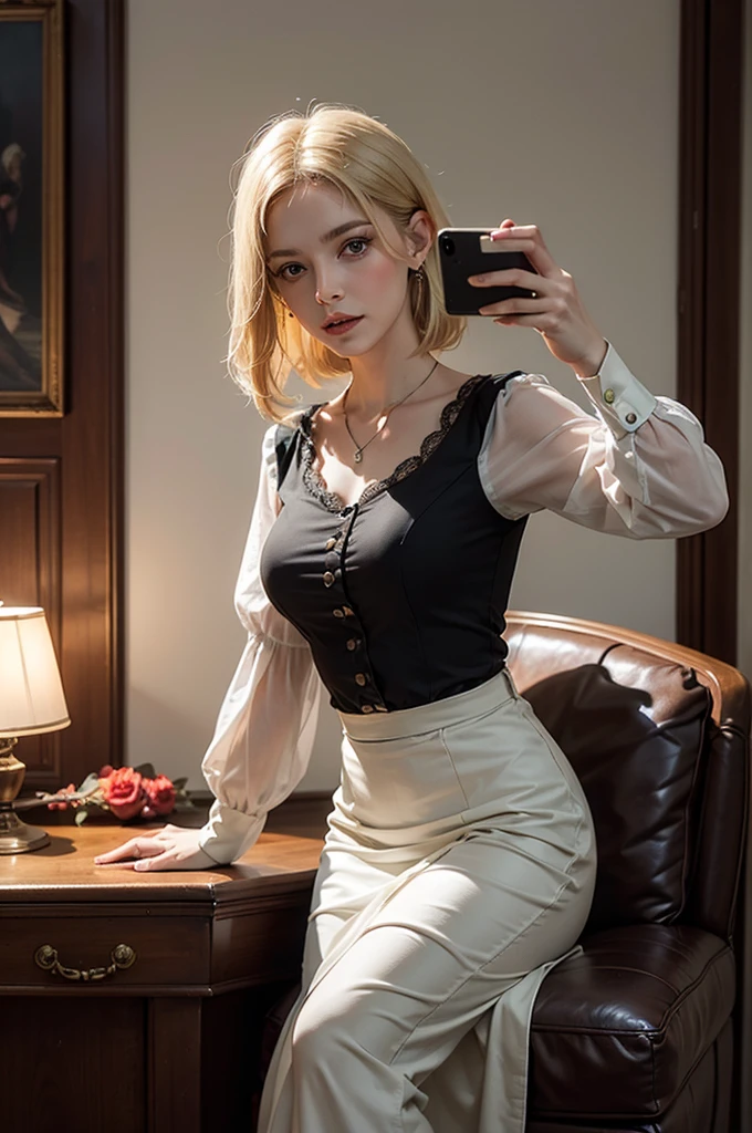 portrait of a 48-year-old blonde French woman from 1940, period dress, genuine leather, sitting takes a selfie like a smartphone, (living room with period furniture, moody soft light: 1.2)