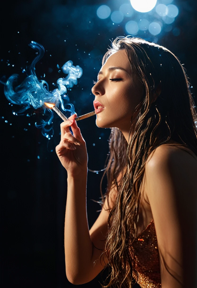 zrpg style, from_side from_下の水でできた美しい恐ろしいwoman (Sad expression:1.2) woman (Long water hair:1.2) 水from立ち上がる苔、cigarette、Vine、swirling water、fire Fly、midnight、moonlight、Backlight (masterpiece:1.2) (Highest quality) (detailed) (Complex) (8K) (High resolution) (wallpaper) (Cinema Lighting) (Sharp focus)
