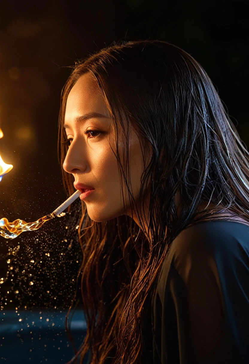zrpg style, from_side from_下の水でできた美しい恐ろしいwoman (Sad expression:1.2) woman (Long water hair:1.2) 水from立ち上がる苔、cigarette、Vine、swirling water、fire Fly、midnight、moonlight、Backlight (masterpiece:1.2) (Highest quality) (detailed) (Complex) (8K) (High resolution) (wallpaper) (Cinema Lighting) (Sharp focus)