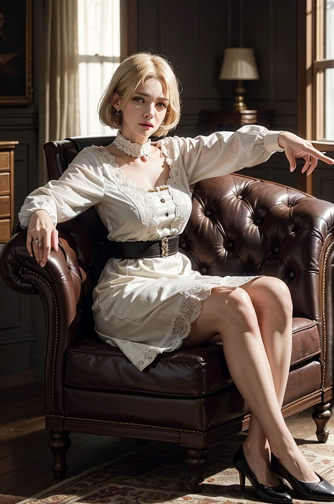 portrait of a 48-year-old blonde French woman from 1940, period dress, genuine leather, sitting takes a selfie like a smartphone, (living room with period furniture, moody soft light: 1.2)