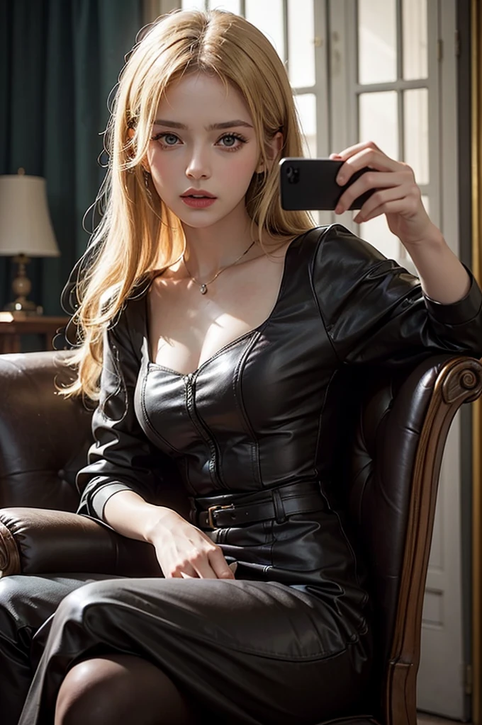 portrait of a 48-year-old blonde French woman from 1940, period dress, genuine leather, sitting takes a selfie like a smartphone, (living room with period furniture, moody soft light: 1.2)