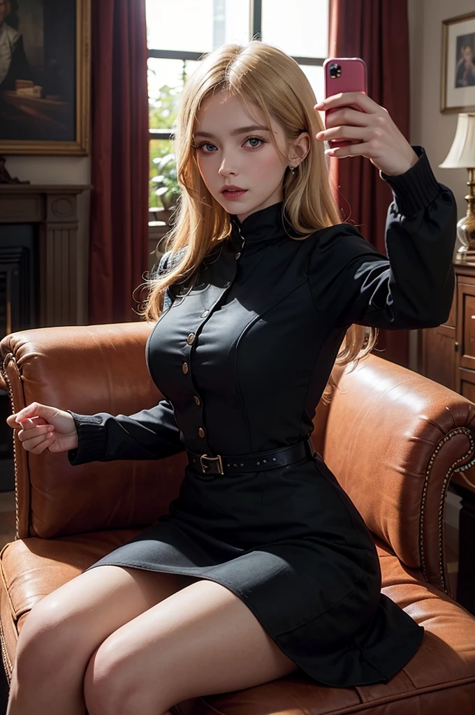 portrait of a 48-year-old blonde French woman from 1940, period dress, genuine leather, sitting takes a selfie like a smartphone, (living room with period furniture, moody soft light: 1.2)