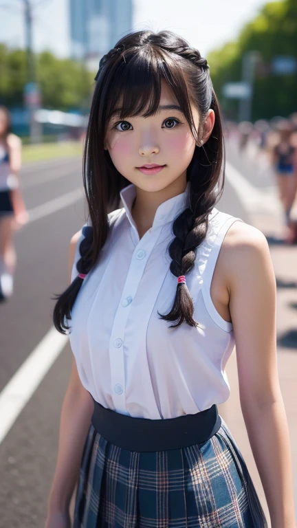 8K、cute、Adult Girl、detailed、Braid your hair in an intricate way、Looking into the camera、((SFW: 1.4)),((detailedな顔, Professional photography)), ((SFW, Race Queen, Grid Girls, skirt, Sleeveless, 1 Girl)), Ultra-high resolution, (Realistic: 1.4), RAW Photos, Highest quality, (PhotoRealistic Stick), concentrate, Soft Light, ((20-year-old)), ((Japanese)), (( (Young Face))), (surface), (Written boundary depth), masterpiece, (Realistic), woman, bangs, ((1 Girl))