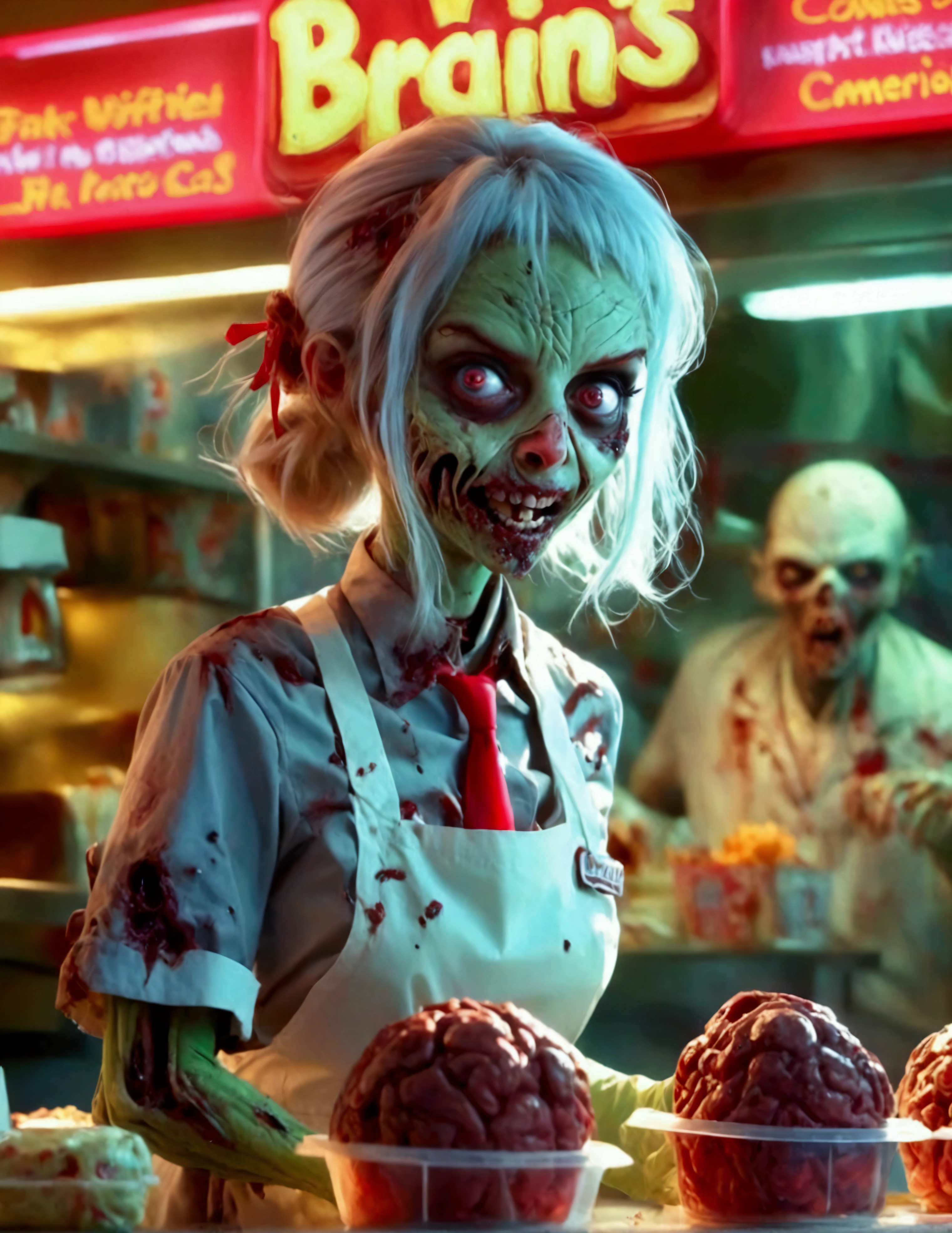 A friendly zombie fast food  worker (cute woman, mouth stitched shut some decay, death pallor, work uniform) working behind a counter serving customer zombies brain themed items, restaurant name 'Brains'