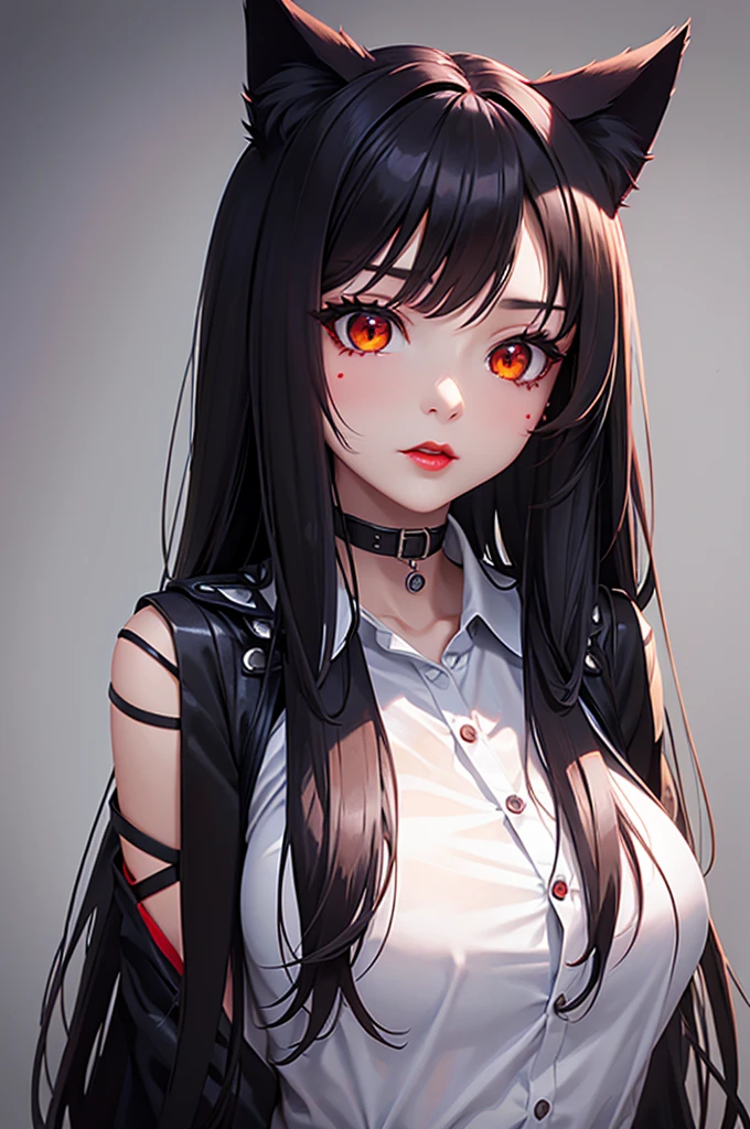 Detailed facial details，1 girl，，Slim，Red lips，Cat ear，Black long hair，Large Breasts，Wearing a white shirt，Charming red eye，Handcuffs，collar，Radiant Skin，