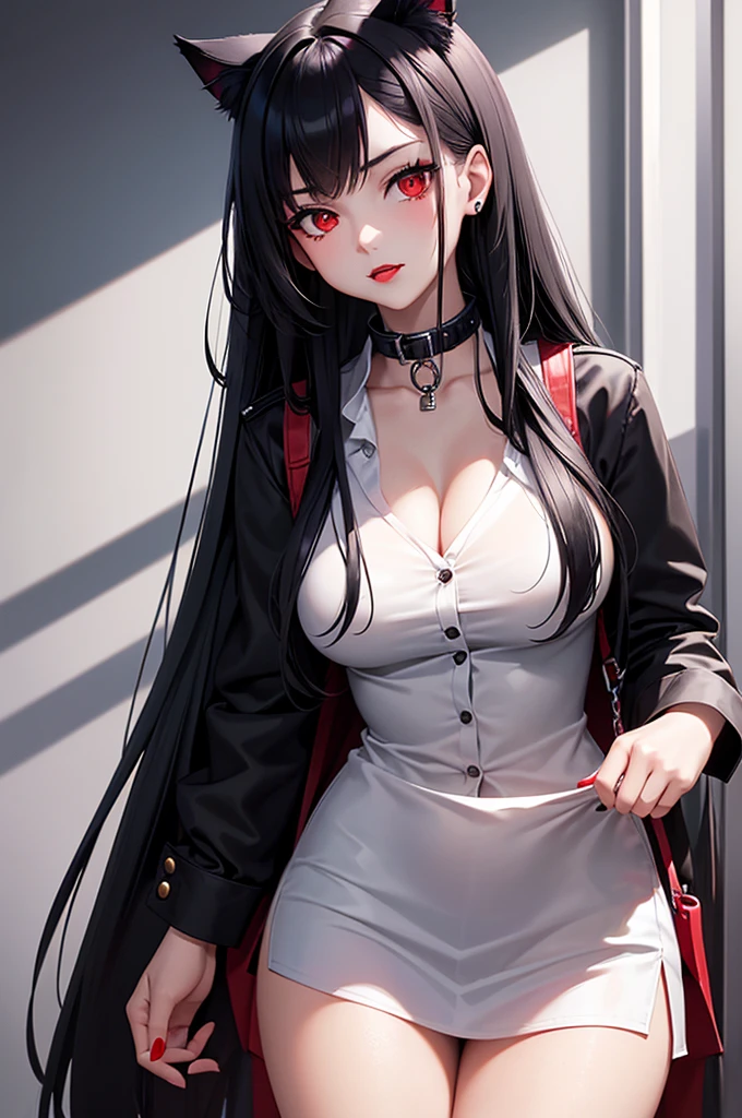 Detailed facial details,1 girl,s old,Slim,Red lips,Cat ear,Black long hair,Large Breasts,Wearing a white shirt,Charming red eye,Handcuffs,collar,Radiant Skin,