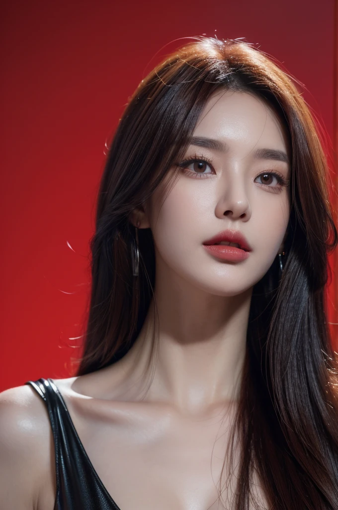 sexy model, cyberpunk style, in bikini, red theme, long hair, looking at viewer, high contrast (Natural skin texture, Hyperrealism, Soft Light, sharp), portrait, standing, korean, (masterpiece), (painting realistic : 1.3), (ultra high resolution: 1.0 ), (((best quality, 8 thousand, masterpiece:1.4)), (perfectly beautiful woman, perfectly beautiful face, Perfectly beautiful eyes, perfectly beautiful nose, perfectly beautiful nose孔, perfectly beautiful lips)