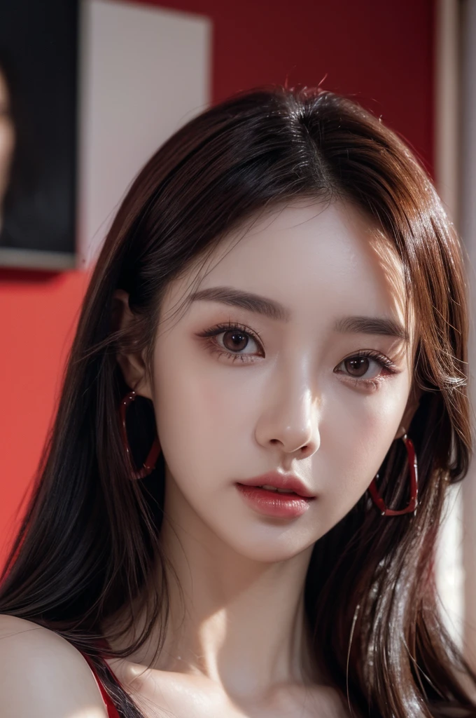 sexy model, cyberpunk style, in bikini, red theme, long hair, looking at viewer, high contrast (Natural skin texture, Hyperrealism, Soft Light, sharp), portrait, standing, korean, (masterpiece), (painting realistic : 1.3), (ultra high resolution: 1.0 ), (((best quality, 8 thousand, masterpiece:1.4)), (perfectly beautiful woman, perfectly beautiful face, Perfectly beautiful eyes, perfectly beautiful nose, perfectly beautiful nose孔, perfectly beautiful lips)